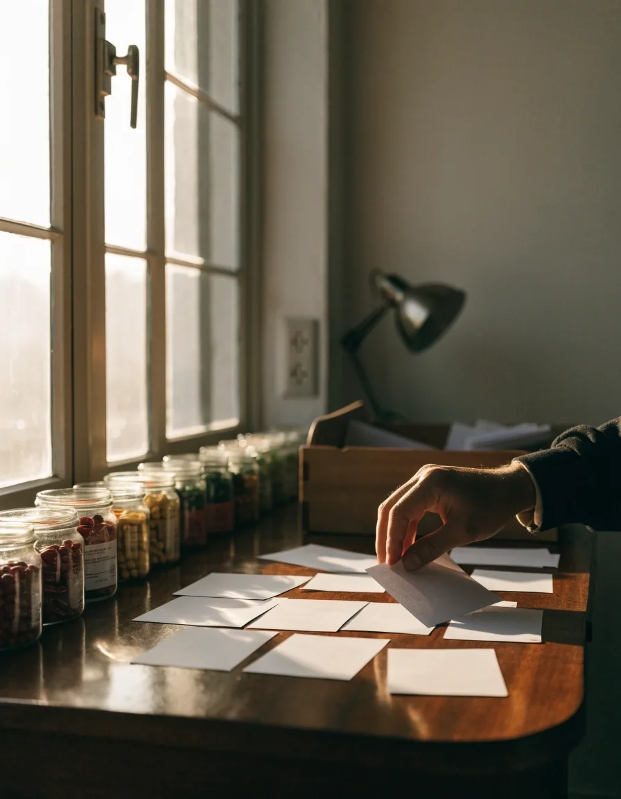 A long oak reading table in a tall-windowed Bandung room at 8am, low sun across blank index cards and an open wooden card drawer