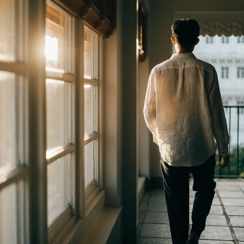 A man seen from behind walking out of a tall-windowed room into morning light