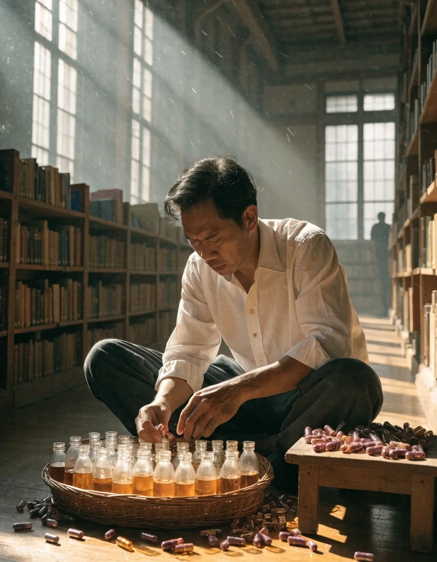 A sunlit reading-room aisle between worn wooden drawer cabinets in Bandung