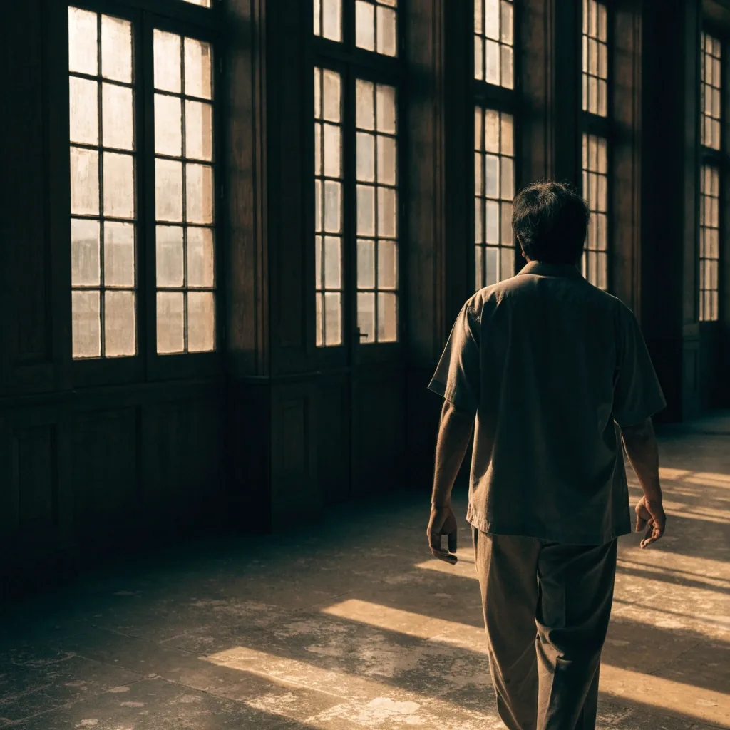 A man walking out of a tall-windowed reading room into morning light, seen from behind