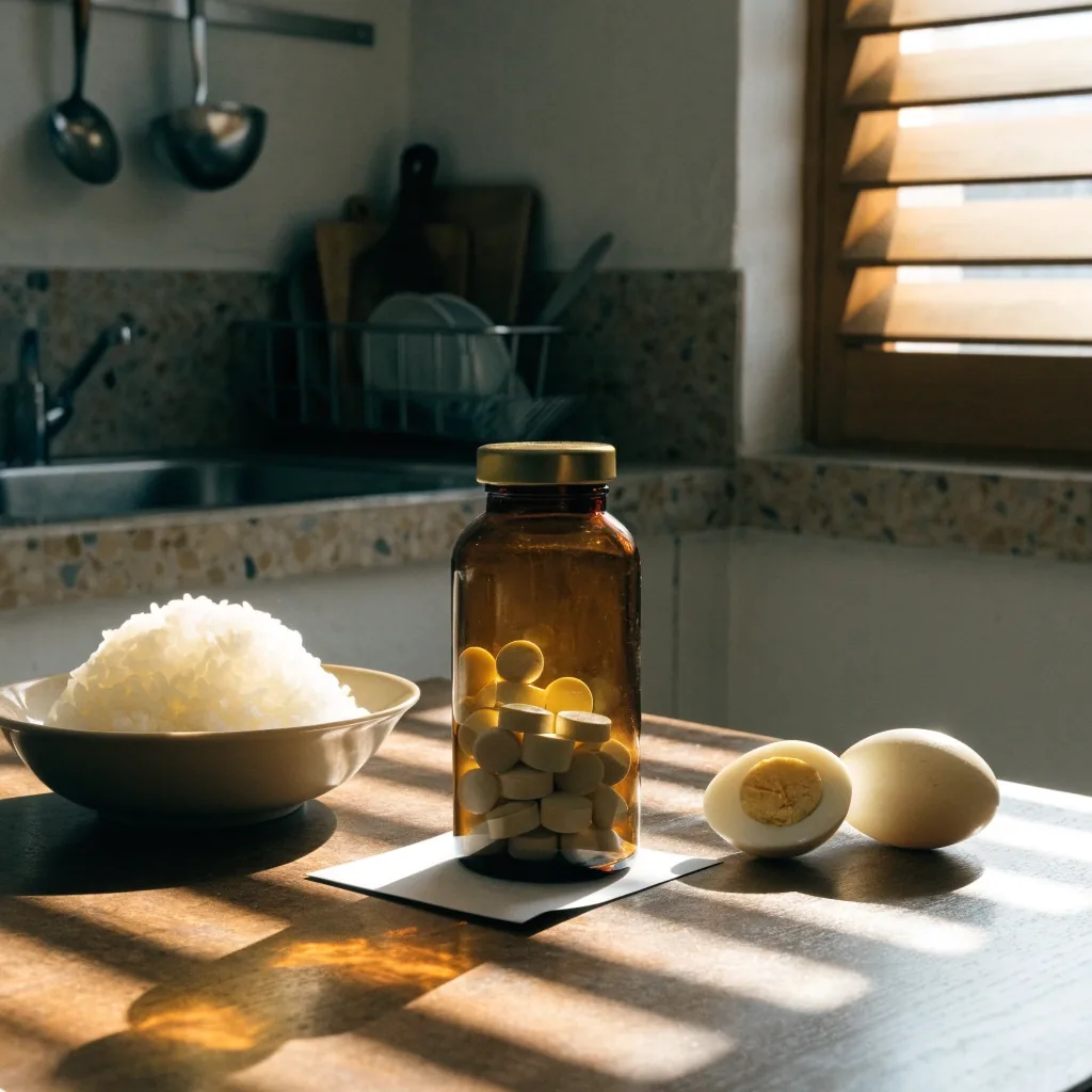 A single unbranded amber glass bottle on a plain paper card in warm window light