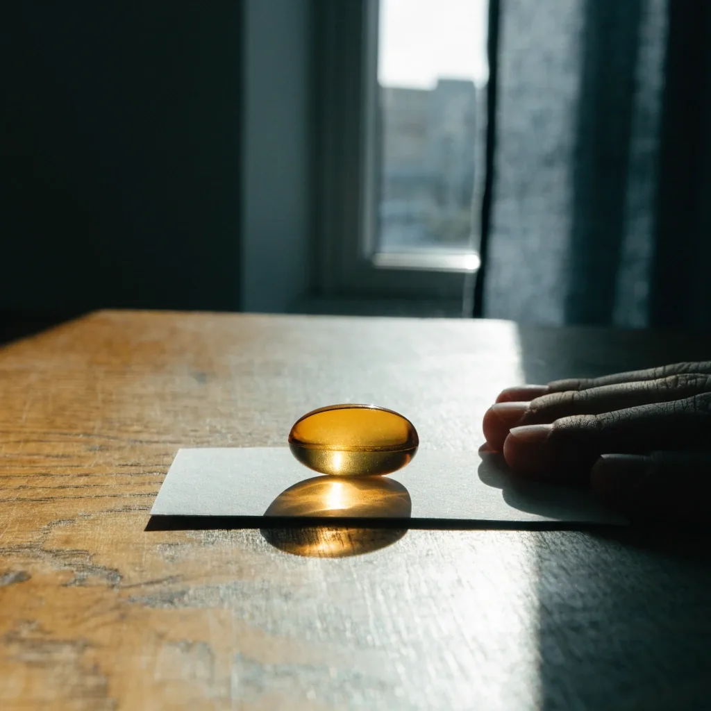 A smooth amber softgel resting alone on a plain white paper card, held between three fingers under raking side light