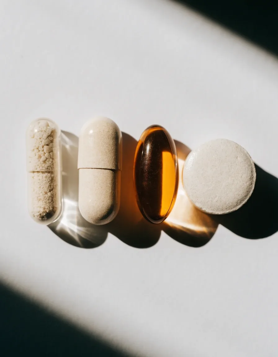 Four unbranded dosage formats — capsule, caplet, softgel and tablet — lined up on a plain matte plate under raking side light
