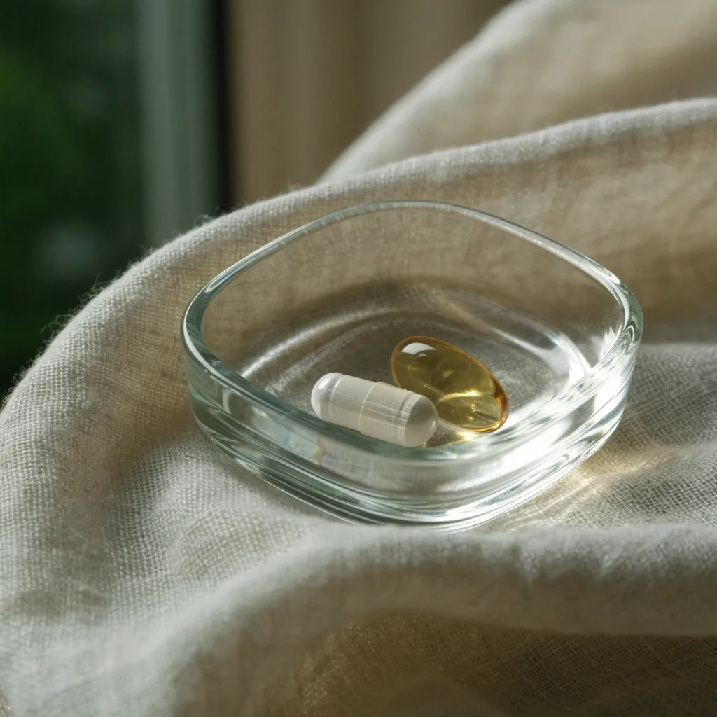 A single unlabelled softgel resting on blank white paper