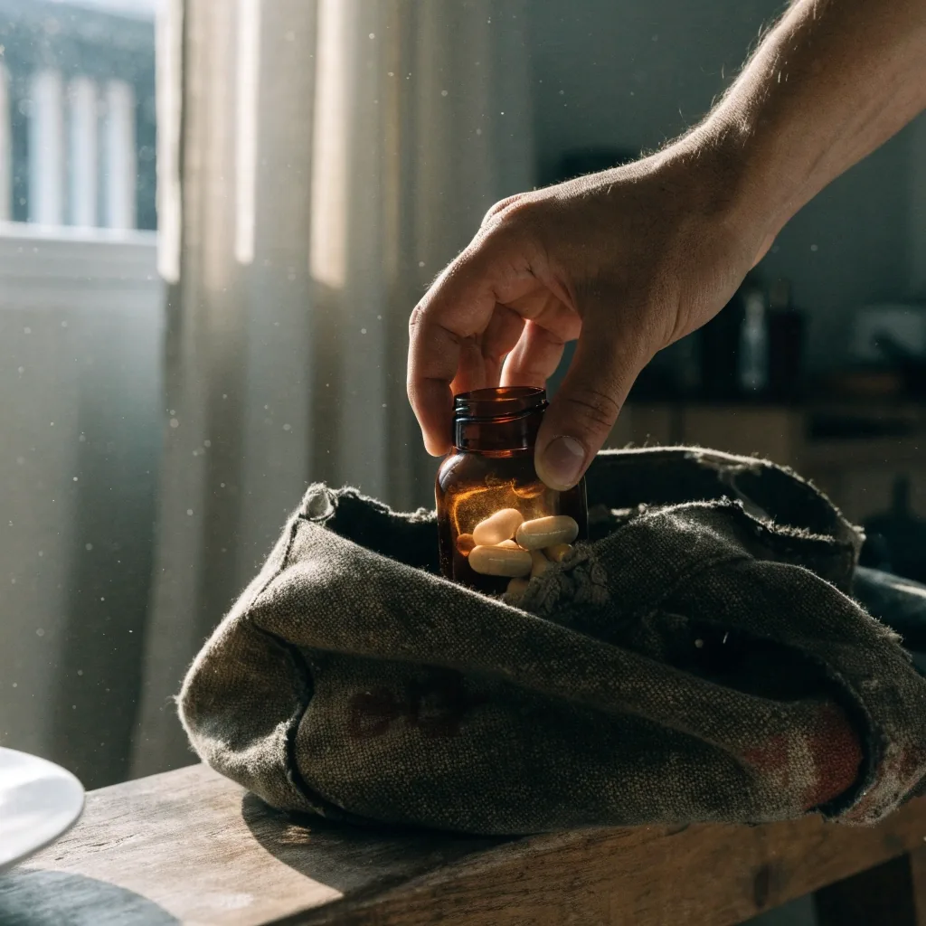 A man seen from behind walking out of a tall-windowed room into morning light
