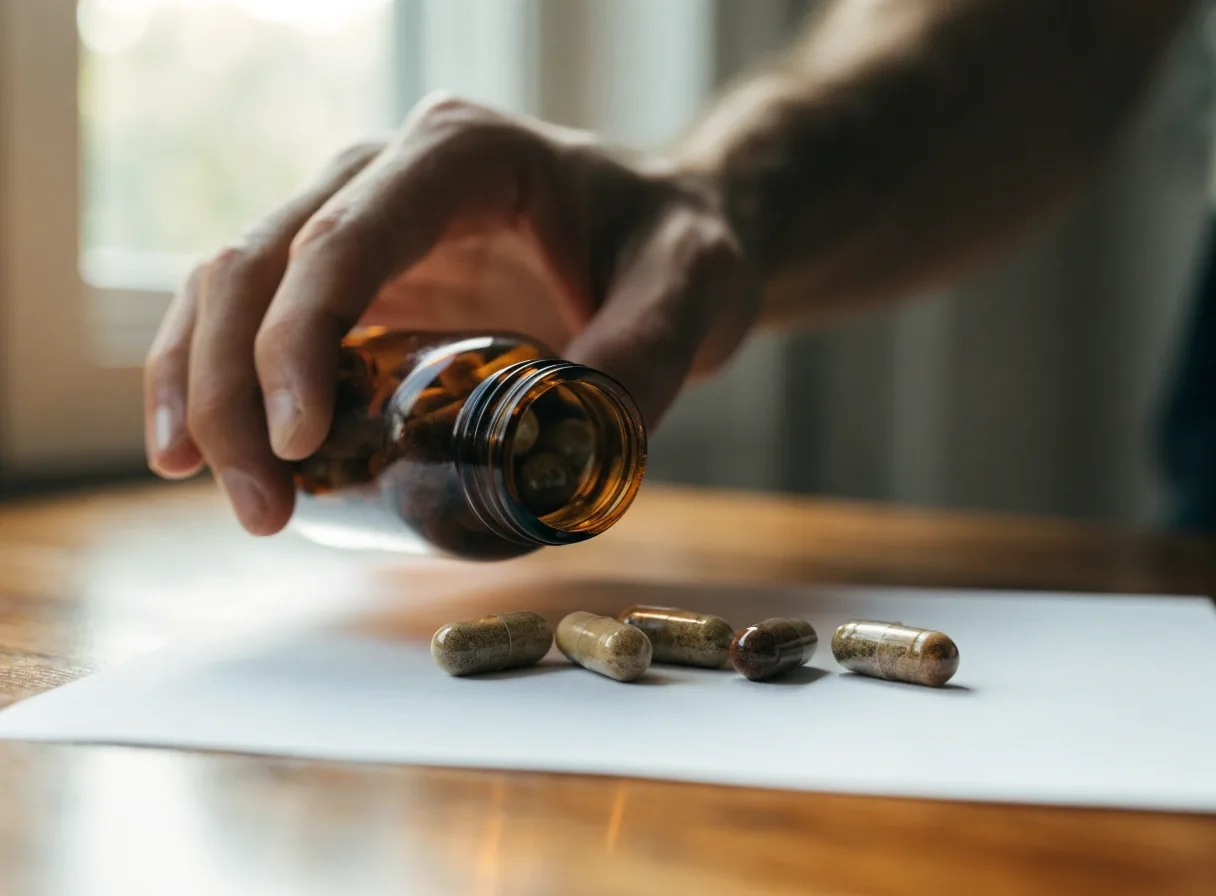 A macro view into the open mouth of an unlabeled amber bottle resting on plain paper